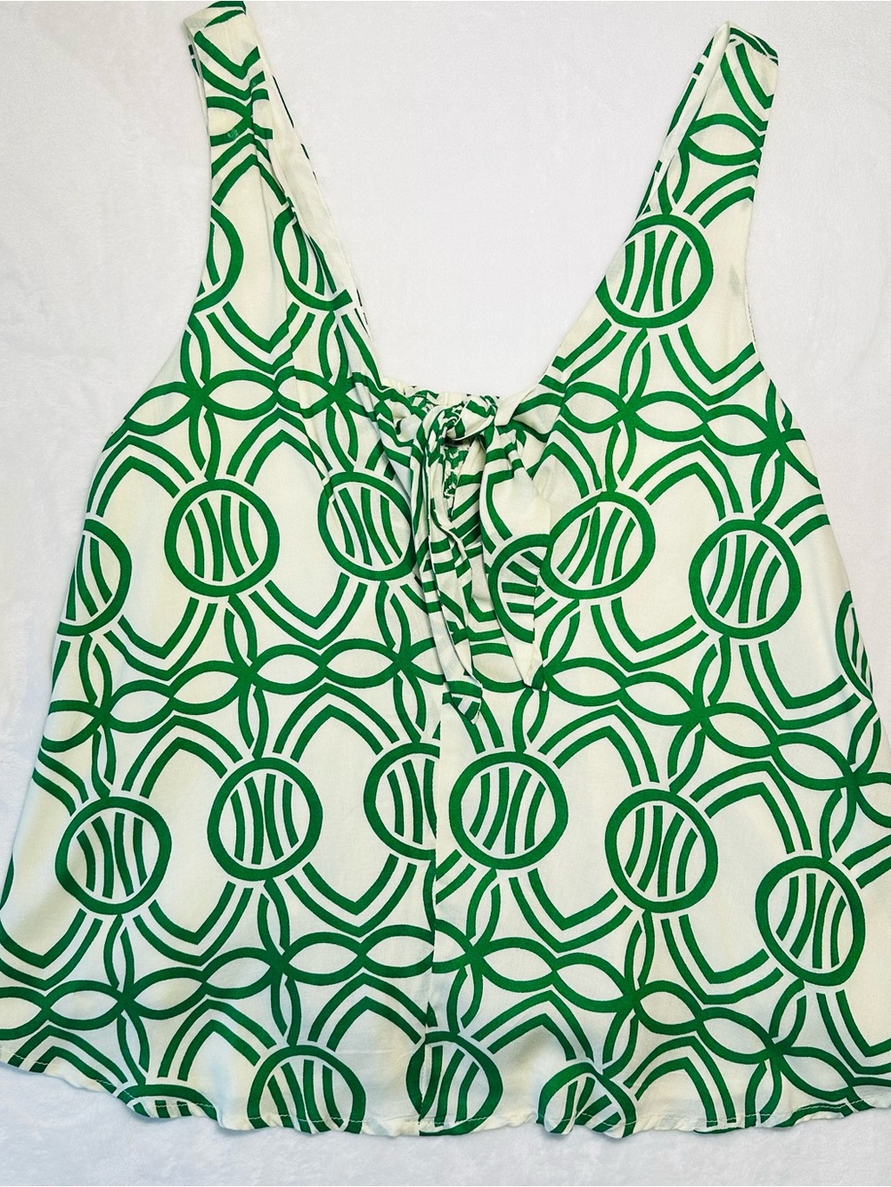 Maeve Green and White Geometric Tie-Front Tank